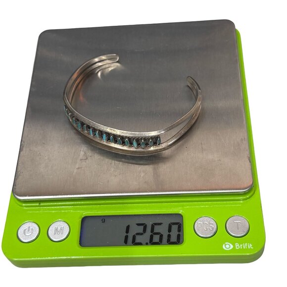 Signed Zuni Vintage Sterling Silver Needlepoint Turquoise Row Cuff Bracelet 925 - Picture 8 of 13